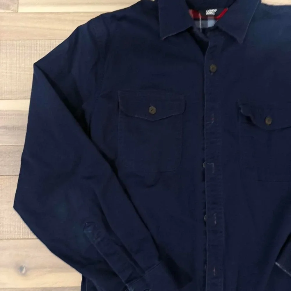 Lands end Sz Med Navy blue button up shirt with red plaid lining - Picture 2 of 5